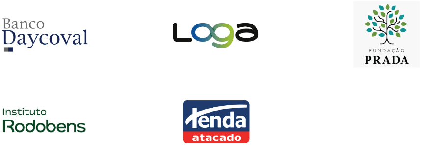 Imagem: Logotipo do Banco Daycoval composto pelo nome em letras cinzas e azuis e, no canto inferior esquerdo, ilustração de um pequeno retângulo cinza e azul. Logotipo da Loga composto pelo nome em letras pretas, sendo as letras O, G em azul e verde formando o símbolo do infinito. Logotipo da Fundação Prada composto pelo nome em letras maiúsculas pretas e, acima, a ilustração de uma árvore com folhas verdes e azuis. Logotipo do Instituto Rodobens composto pelo nome em letras verdes. Logotipo da Tenda atacado composto pelo nome em letras brancas sobre um retângulo azul e vermelho. Fim da imagem.