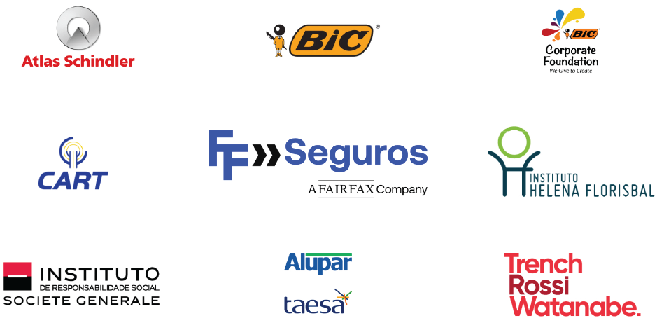 Imagem: Logotipo da Atlas Schindler composto pelo nome em letras vermelhas; acima, a ilustração de um círculo cinza com um triângulo no centro, na parte inferior. Logotipo da Bic composto pelo nome em letras maiúsculas pretas dentro de um retângulo laranja; à esquerda, ilustração de um boneco com cabeça de esfera preta e roupa amarela, ele segura uma caneta atrás do corpo. Logotipo da Bic Corporate Foundation composto pelo logotipo da Bic e, abaixo, o nome em letras pretas. Na parte inferior, a frase ’We Give to Create’; no canto superior esquerdo, arabescos coloridos.  Logotipo da CART, composto pela ilustração da silhueta de um retângulo na vertical sobre um círculo em azul e amarelo; abaixo, o nome em letras maiúsculas azuis. Logotipo da FF Seguros composto pelo nome em letras azuis, entre as palavras há a ilustração de dois símbolos de maior que em preto. À direita, na parte inferior, o texto ’A FAIRFAX Company’. Logotipo do Instituto Helena Florisbal composto pelo nome em letras maiúsculas verdes e, à esquerda, a ilustração da silhueta de uma pessoa de palito com os braços para cima.  Logotipo do Instituto de Responsabilidade Societe Generale composto pelo nome em letras maiúsculas pretas e, à esquerda, a ilustração de um quadrado vermelho e preto. Logotipo da Alupar composto pelo nome em letras azuis com uma barra verde na parte superior. Logotipo da Taesa composto pelo nome em letras minúsculas azuis com um asterisco colorido no canto superior direito. Logotipo da Trench Rossi Watanabe, composto pelo nome em letras vermelhas e um ponto final vermelho. Fim da imagem.