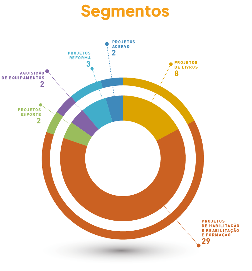 Imagem: Gráfico de setores. Segmentos. PROJETOS DE HABILITAÇÃO E REABILITAÇÃO E FORMAÇÃO: 29. PROJETOS DE LIVROS: 8. PROJETOS REFORMA: 3. PROJETOS ACERVO: 2. AQUISIÇÃO DE EQUIPAMENTOS: 2. PROJETOS ESPORTE: 2. Fim da imagem.