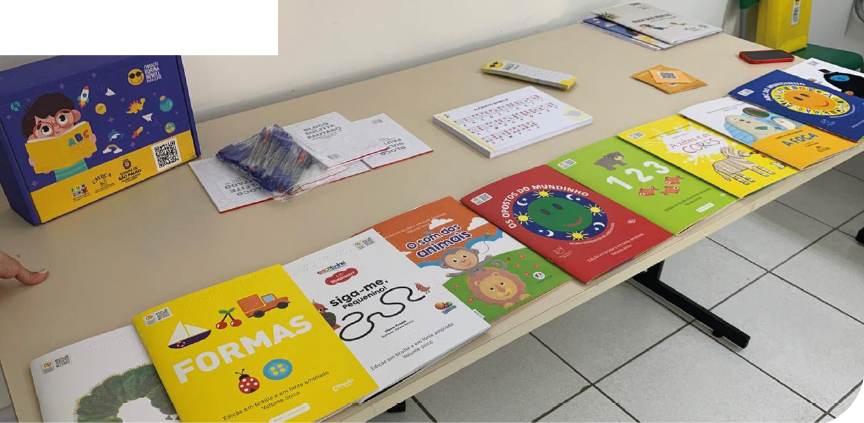Imagem: Fotografia. Uma mesa retangular com diversos materiais expostos. Há livros de capa colorida com texto em tinta e em braille, marcadores de página, folhetos, entre outros. Fim da imagem.