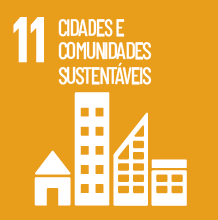 Imagem: Ícone ODS. 11. CIDADES E COMUNIDADES SUSTENTÁVEIS. Ilustração de casas e prédios. Fim da imagem.
