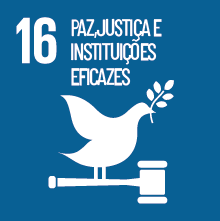 Imagem: Ícone ODS. 16. PAZ, JUSTIÇA E INSTITUIÇÕES EFICAZES. Ilustração de um pombo com um ramo no bico e pousado em cima de um martelo. Fim da imagem.