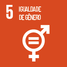 Imagem: Ícone ODS. 5. IGUALDADE DE GÊNERO. Ilustração dos símbolos de feminino e masculino sobrepostos com um sinal de igual ao centro. Fim da imagem.