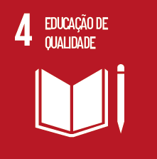 Imagem: Ícone ODS. 4. EDUCAÇÃO DE QUALIDADE. Ilustração de um livro aberto e um lápis. Fim da imagem.