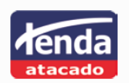 image: Tenda Atacado logo composed of the name in white letters on a blue and red rectangle. end of image.