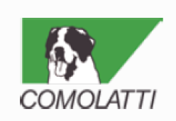 image: Logo of Comolatti composed of the name in black capital letters and, above, the illustration of a white dog with black spots and its tongue out; in the background, a green rectangle. end of image.