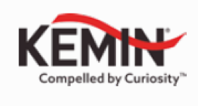 image: Kemin logo consisting of the name in black capital letters with a red curve between the letters. At the bottom, the text “Compelled by Curiosity.” end of image.