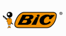 image: Bic logo consisting of the name in black capital letters inside an orange rectangle; on the left, an illustration of a doll with a gray ball head and yellow clothes, holding a pen behind its body. end of image.