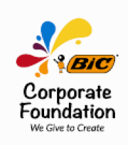 image: Bic Corporate Foundation logo consisting of the Bic logo and, below, the name in black letters. At the bottom, the phrase “We Give to Create”; in the upper left corner, colorful arabesques. end of image.