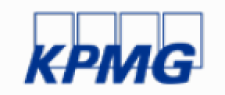image: KPMG logo composed of the name in blue uppercase letters and, in the background, a row of four blue rectangles. end of image.