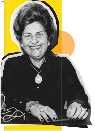 Image: Photomontage referring to pages 2 and 3. Black and white photograph, highlighting the torso of Dorina Nowill, a woman with short, voluminous hair, wearing a dark long-sleeved blouse and a necklace with a round pendant. She has her hands forward on a dark surface and is smiling. In the background, there is an illustration of a yellow circle on the right and curved black lines forming a semicircle on the left. End of image.
