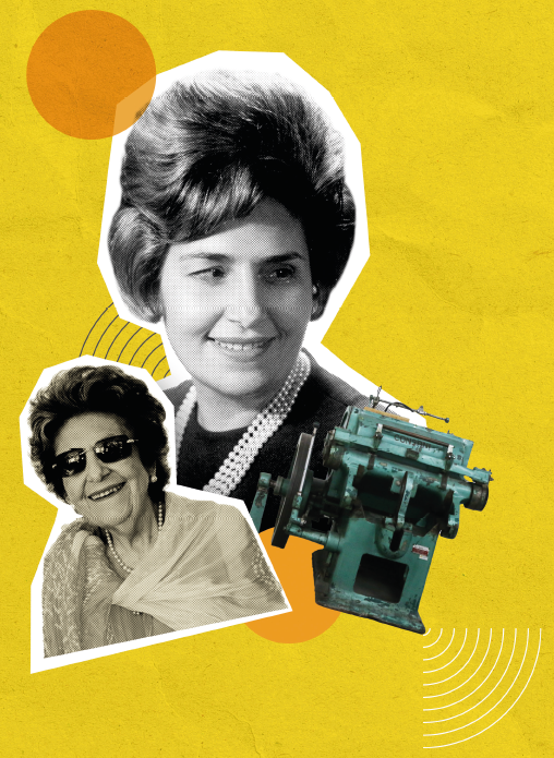 Image: Photomontage. Black and white photographs of Dorina Nowill: in the center, a young Dorina Nowill with voluminous short hair combed to the side, wearing a pearl necklace and a dark blouse; on the left, an elderly Dorina Nowill with short hair, wearing sunglasses, a pearl necklace, and a silk shawl. On the right, black and white photograph of a Braille typewriter, consisting of a press and a crank. In the background, illustrations of circles and curved lines. End of image.