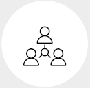 Image: Icon. Highlighting the silhouette of the torso of three people arranged in a triangular shape. In the center, a circle with lines pointing toward each silhouette. end of image.