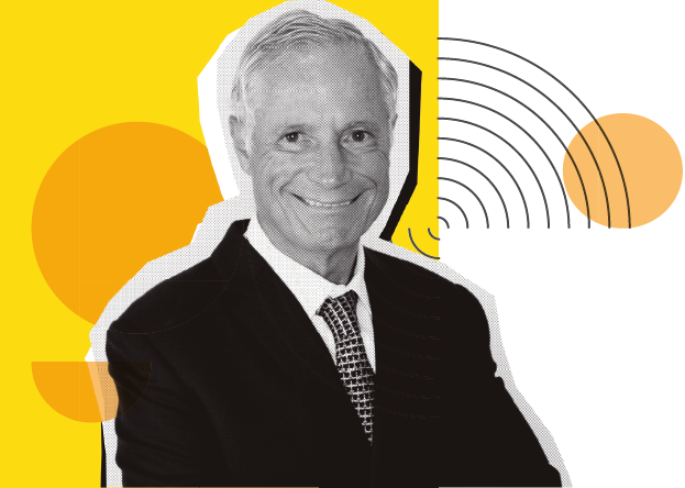Image: Photomontage. Black and white photograph of Francisco H. Della Manna, a man with short blond hair, wearing a light-colored shirt, dark tie, and dark suit. He is smiling. In the background, illustrations of circles and curved lines. end of image.