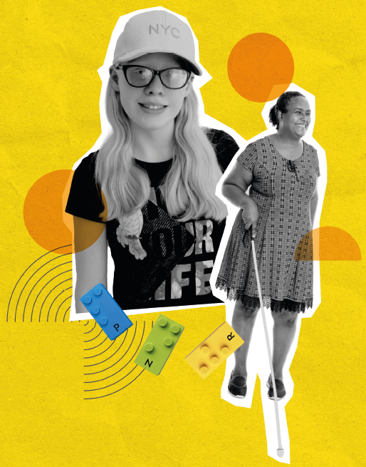 Image: Photomontage. Black and white photograph of a girl with long blond hair wearing a cap, glasses, and a T-shirt; next to her, black and white photograph of a woman with dark hair tied in a bun, wearing a printed dress and shoes, holding a long cane in her hand. Below, between them, three colorful building blocks. In the background, illustrations of circles and curved lines. end of image.