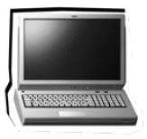 image: Black and white photograph. Old laptop with rectangular screen and built-in keyboard. end of image.