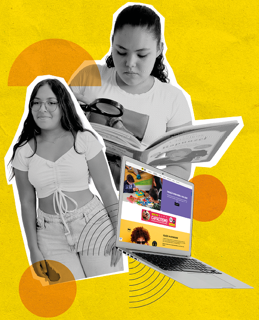 image: Photomontage. Black and white photograph, on the left, a woman with long, wavy hair, wearing glasses, a light-colored cropped top, and light-colored jeans. On the right, another woman with her hair tied back in a ponytail, wearing a light-colored top and holding an open book in one hand and a magnifying glass in the other. At the bottom right, there is an open notebook displaying a colorful page on the screen. In the background, there is an illustration of a yellow circle and curved black lines forming a semicircle. end of image.