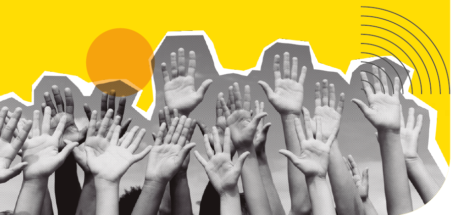 image: Photomontage. Black and white photograph highlighting people's hands raised upwards. end of image.