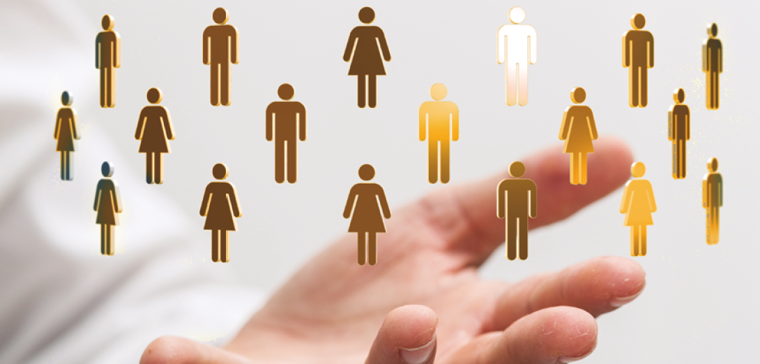 image: Photomontage. Photograph highlighting a person's hand with fingers spread and palm facing upward. Above, there are illustrations of silhouettes of people in gold. end of image.