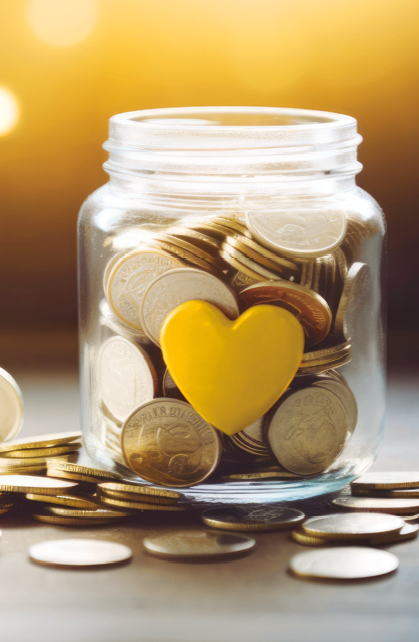 image: Photograph. A glass jar filled to the brim with coins, with a yellow heart stuck in the center. Coins scattered around it. end of image.