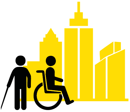 image: Illustration. The silhouettes of two people, one holding a long cane and the other in a wheelchair. In the background, yellow silhouettes of buildings. end of image.
