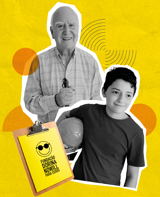 image: Photomontage. Black and white photograph, on the left, an elderly bald man wearing a plaid shirt, holding a long cane and smiling; on the right, a boy with short hair, wearing a shirt and holding a soccer ball under his arm. At the bottom left, there is a clipboard with yellow paper with the Dorina Nowill Foundation logo. In the background, there is an illustration of a yellow circle and black curved lines forming a semicircle. end of image.