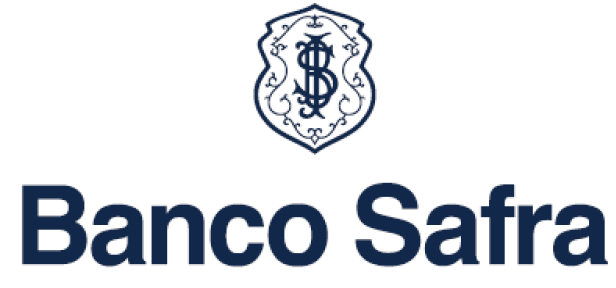 Imagem: Logotipo do Banco Safra compôosto pelo nome em letras azuis e, acima, um escudo com um cifrão. Fim da imagem.