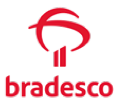 Imagem: Logotipo do Bradesco compôosto pelo nome em letras minúsculas vermelhas e, acima, a ilustração de duas barras verticais sob duas linhas curvas. Fim da imagem.