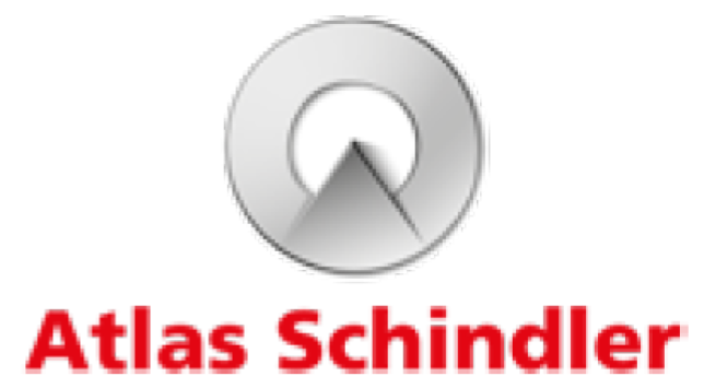 Imagem: Logotipo da Atlas Schindler compôosto pelo nome em letras vermelhas; acima, a ilustração de um círculo cinza com um triângulo no centro, na parte inferior. Fim da imagem.