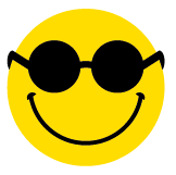 Imagem: Ilustração. hemôji amarelo, com um largo sorriso, e óculos pretos e redondos. Fim da imagem.