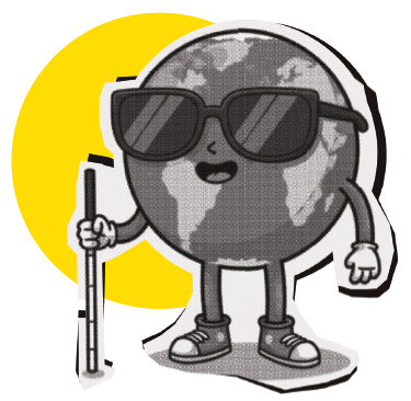 Imagem: Ilustração. Um globo terrestre estilizado com olhos, nariz, boca, braços e pernas, usa tênis, luvas e óculos escuros e segura uma bengala longa na mão. O globo sorri. Ao fundo, há um círculo amarelo. Fim da imagem.