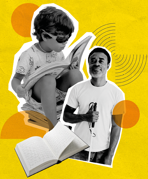 Imagem: Fotomontagem. Fotografia em preto e branco, à esquerda, um menino com cabelos curtos sentado em uma pilha de livros, ele usa óculos escuros, blusa e bermuda estampadas e segura um livro aberto próximo ao rosto. À direita, um homem com cabelos curtos e barba grisalha, usa blusa clara e segura uma bengala longa. Na parte inferior esquerda, um livro aberto com escrita em braile nas páginas. Ao fundo, há uma ilustração de um círculo amarelo e linhas curvas em preto que formam um semicírculo. Fim da imagem.