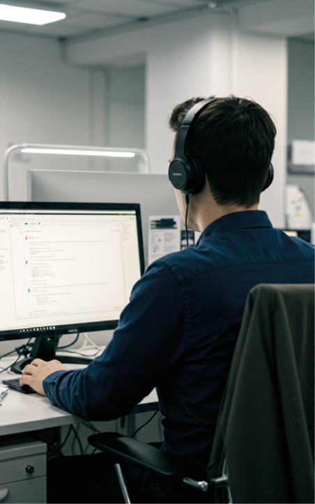 Imagem: Fotografia. Um homem com cabelos pretos e curtos, usa fones de ouvido pretos e camisa azul. Ele está de costas, sentado em uma cadeira preta frente à uma escrivaninha branca. Sobre a escrivaninha há um monitor com a tela ligada e um mouse preto. Ao fundo, há divisórias brancas. Fim da imagem.