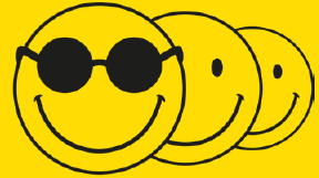 Imagem: Ilustração. Três emôjis amarelos com um largo sorriso, um deles usa óculos escuros redondo. Fim da imagem.