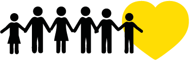 Imagem: Ilustração. A silhueta de seis pessoas, estão lado a lado de mãos dadas. À direita, há um coração amarelo. Fim da imagem.
