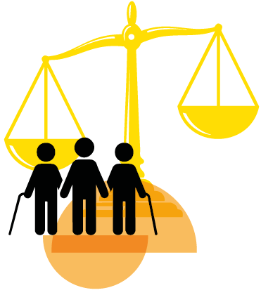 Imagem: Ilustração. A silhueta de três pessoas, estão lado a lado de mãos dadas e duas delas seguram uma bengala longa. Ao fundo, a balança da justiça em amarelo. Fim da imagem.