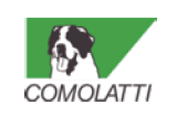 image: Comolatti logo consisting of the name in black capital letters and, above it, the illustration of a white dog with black spots and its tongue hanging out; in the background, a green rectangle. end of image.