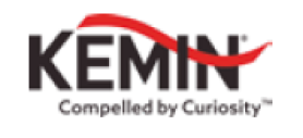 image: Kemin logo consisting of the name in black capital letters with a red curve between the letters. At the bottom, the text “Compelled by Curiosity.” end of image.