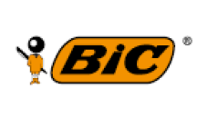 image: Bic logo consisting of the name in black capital letters inside an orange rectangle; on the left, an illustration of a doll with a gray ball head and yellow clothes, holding a pen behind his body. end of image.