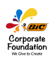 image: Bic Corporate Foundation logo consisting of the Bic logo and, below, the name in black letters. At the bottom, the phrase “We Give to Create”; in the upper left corner, colorful arabesques. end of image.
