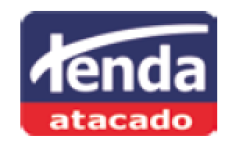 image: Tenda Atacado logo consisting of the name in white letters on a blue and red rectangle. end of image.