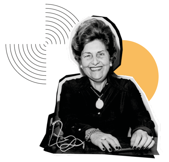 image: Photomontage. Black and white photograph highlighting the torso of Dorina Nowill, a woman with short, voluminous hair, wearing a dark long-sleeved blouse and a necklace with a round pendant. She has her hands forward on a dark surface and is smiling. In the background, there is an illustration of a yellow circle on the right and curved black lines forming a semicircle on the left. end of image.