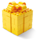 image: Photograph. A gift made of yellow building blocks, with a bow on top. end of image.