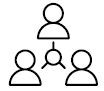 image: Icon. Highlighting the silhouette of the torso of three people arranged in a triangular shape. In the center, a circle with lines pointing toward each silhouette. end of image.