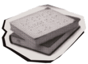 image: Black and white photograph. Two books stacked on top of each other, the top book is open and has text in Braille. end of image.