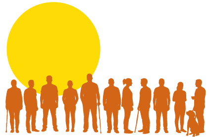 image: Illustration. A row of people, all in orange silhouettes. Some are holding canes and one of them is accompanied by a guide dog. In the background, a yellow circle. end of image.