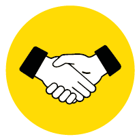 image: Illustration. Two hands in a handshake, centered in a yellow circle. The hands are white and the wrists are covered by black sleeves. end of image.
