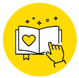 image: Illustration. Highlighting a person's hand with their index finger on the page of an open book. On the left page, there is a heart. Above, small beams of light. end of image.