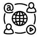 image: Illustration. A circle with an icon on each side, clockwise: an at sign, the silhouette of a person's torso, the play symbol consisting of a horizontal triangle and the silhouette of a person's torso. In the center, the globe with horizontal and vertical curved lines. end of image.