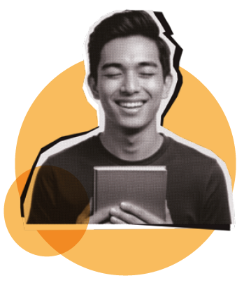 Imagem: Fotomontagem. Fotografia em preto e branco, destaque para o torso de um homem com cabelos curtos e escuros, usa blusa escura. Ele está sorrindo e segurando um livro próximo ao peito. Ao fundo, dois círculos amarelos, um grande e um pequeno. Fim da imagem.